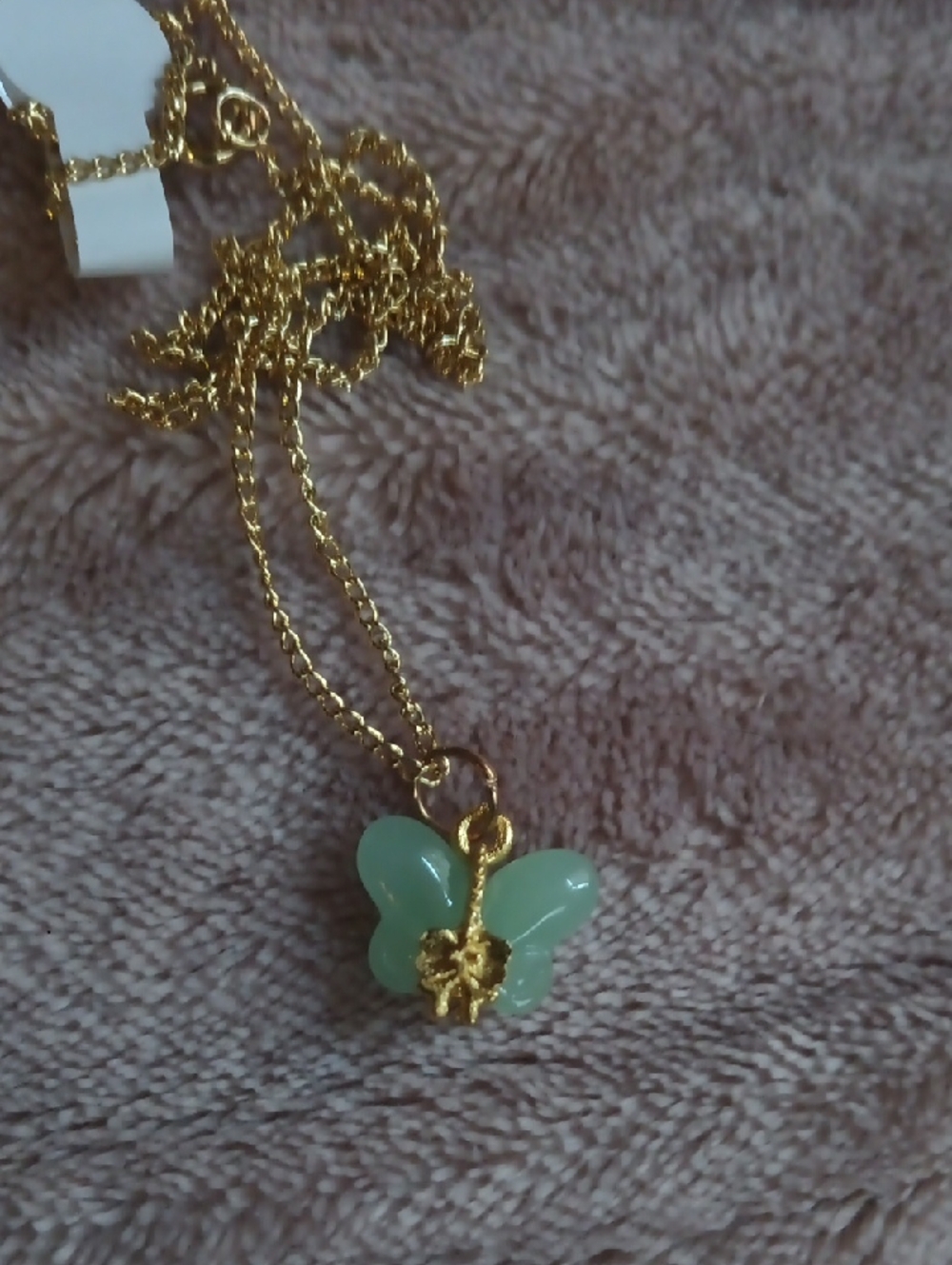 Gold Butterfly Pendant Necklace with Mint Green Jade Stone